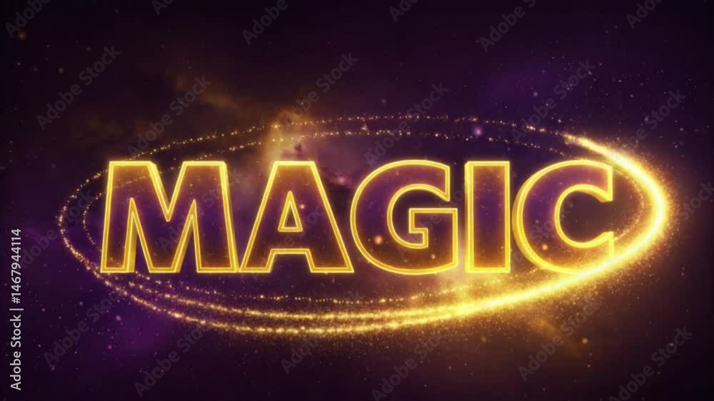 3D text 'MAGIC' in whimsical, glowing style with shimmering gold and deep purple tones, sparkles, swirling light trails, and a starry night or fantasy background 3D text 'MAGIC' in whimsical, glowing style with shimmering gold and deep purple tones, sparkles, swirling light trails, and a starry night or fantasy background