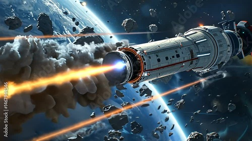 Spaceship blasts through asteroid field near Earth