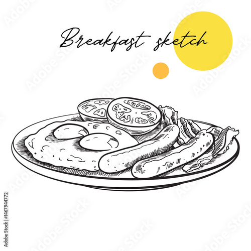 Traditional breakfast in a plate side view hand drawn vector illustration. English breakfast with fried eggs, bacon, tomato and meat sausages.