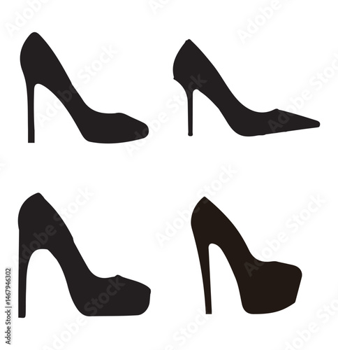Set of black high heel shoes silhouettes isolated on white background.