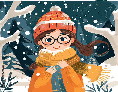 girl, cartoon, drawing, winter, illustration, vector, art, cute, background, snow, graphic, kids, funny, kid, forest, hat, happy, child, fun, character, young, mittens, design, print, animal, children
