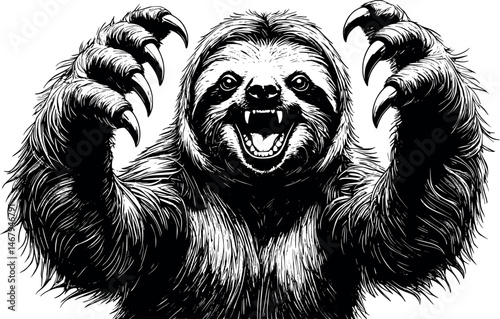 Crazy angry sloth vector engraving illustration, isolated