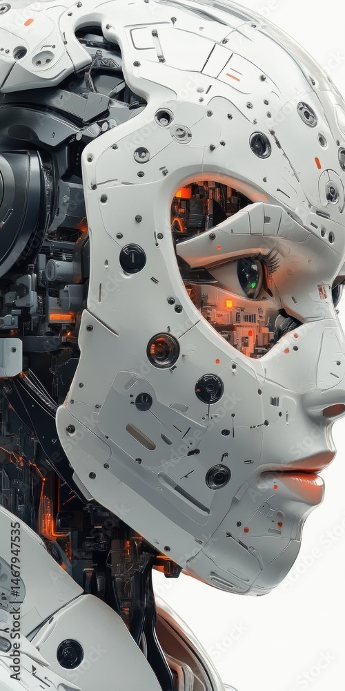 Fototapeta premium Detailed side profile of a humanoid robot with intricate mechanical interior components visible through gaps in the face.