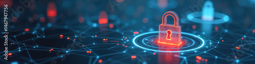LinkedIn banner featuring a sleek digital security panel with glowing biometric scan rings and lock icons, representing cybersecurity innovation.