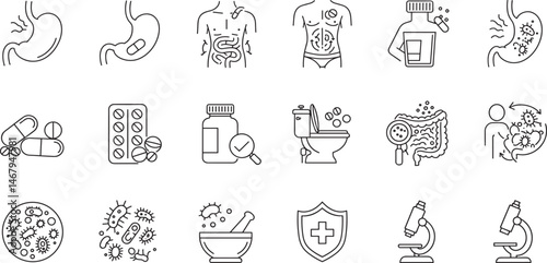 Digestion, intestine, stomach, and probiotics editable stroke outline icons set isolated on white background flat vector illustration.