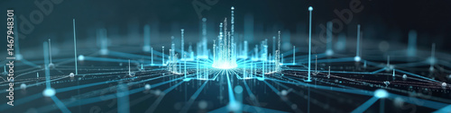 Minimalist AI training environment with transparent data nodes rotating around a glowing algorithm core,  digital innovation concept. LinkedIn background, banner