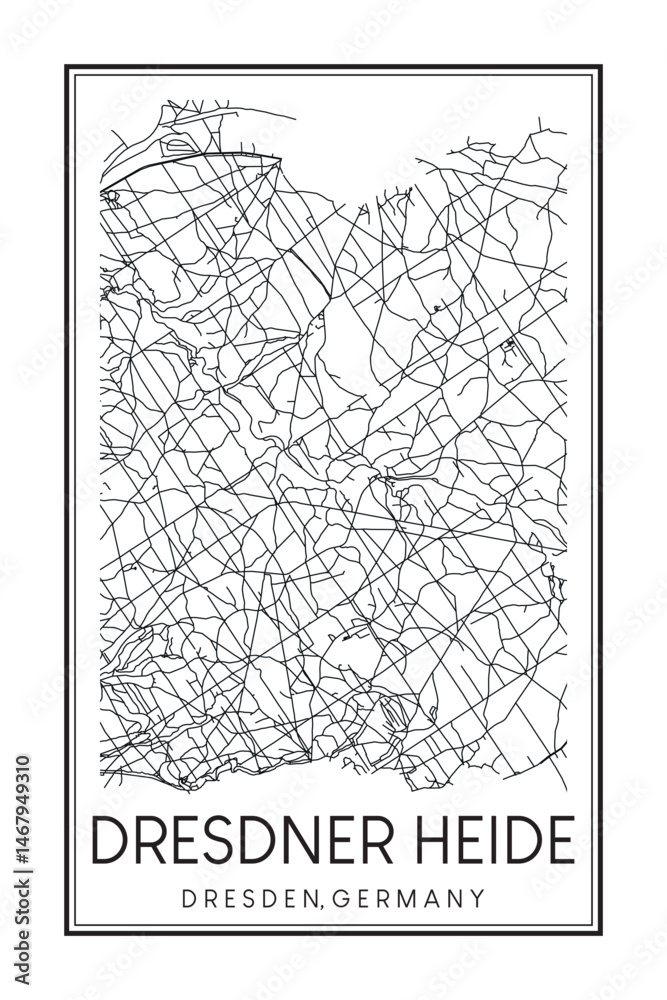 Obraz premium Hand drawn printable downtown road map poster of borough DRESDNER HEIDE of the German city of DRESDEN on solid white background with city name