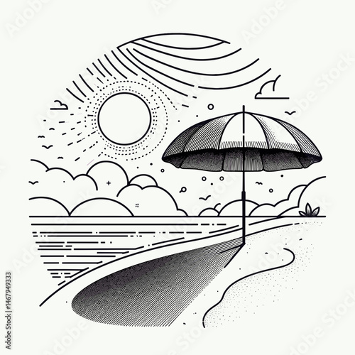 Summer beach umbrella against a sunny sky and ocean  
