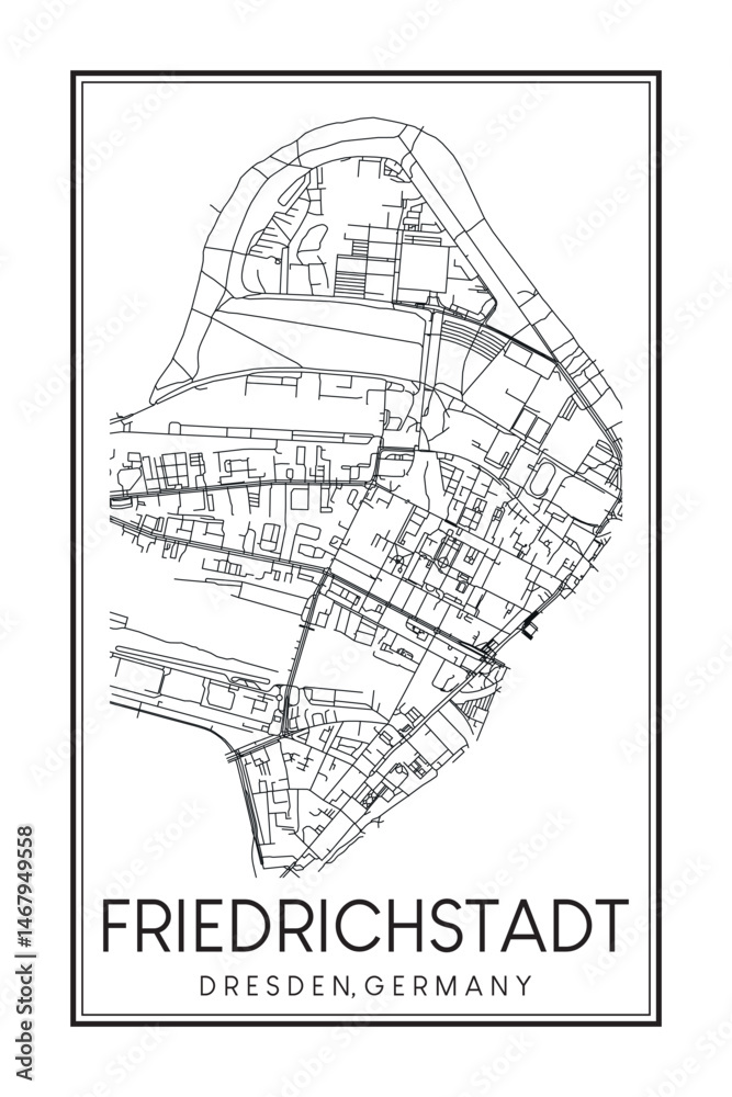 Obraz premium Hand drawn printable downtown road map poster of borough FRIEDRICHSTADT of the German city of DRESDEN on solid white background with city name