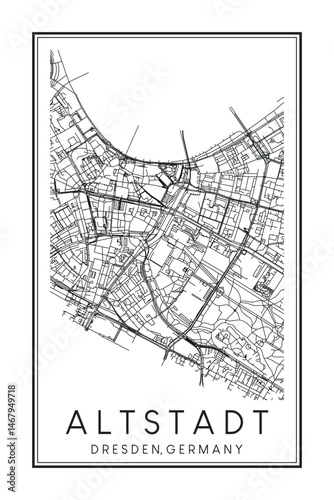 Hand drawn printable downtown road map poster of borough ALTSTADT of the German city of DRESDEN on solid white background with city name
