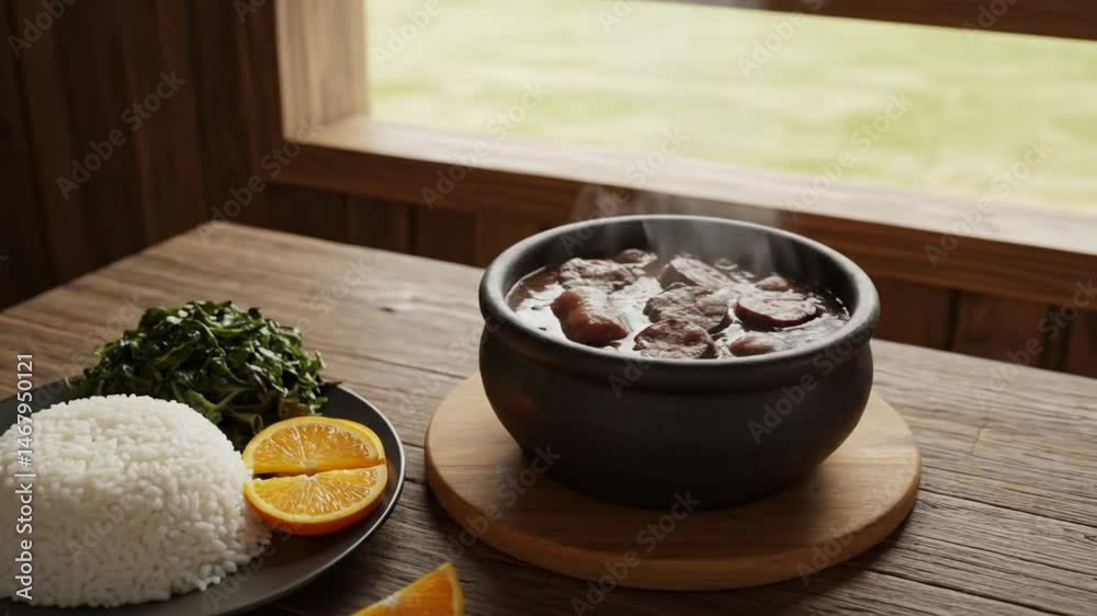 A steaming bowl of feijoada with sides creates a visually appealing, hearty Brazilian meal.