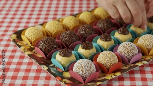 Close-up of a hand selecting a delicious brigadeiro candy from a tray of delightful sweets.