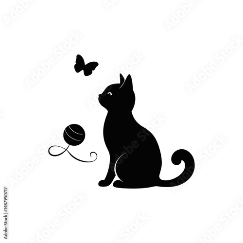 Silhouette of a Black Cat Watching a Butterfly and Flower