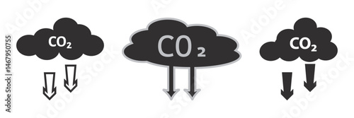 CO2 emissions into the atmosphere. Set of black vector CO2 icons. Set of simple abbreviation black cloud signs. Black CO2 emission reduction signs. Eps 10.