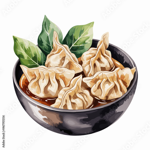 Watercolor Wonton Dumplings in Broth with Fresh Herbs