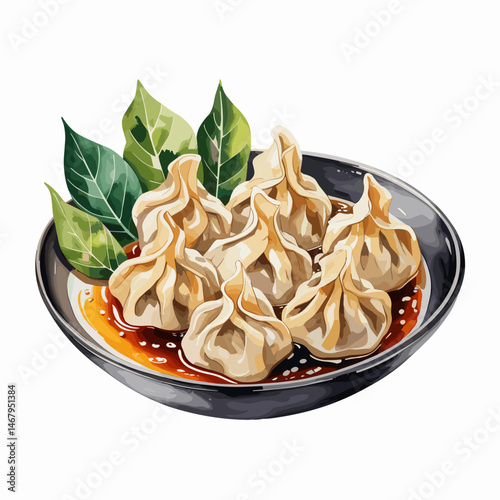 Watercolor Wonton Dumplings in Broth with Fresh Herbs