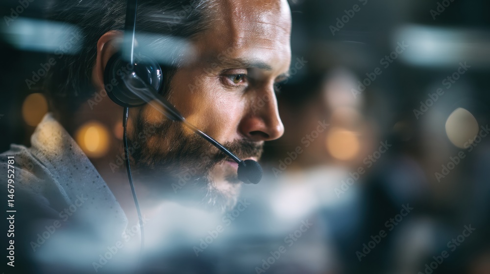 Call Center Interface Displaying an Employee Assisting Customers While Using a Headset in a Busy Environment During Work Hours Generative AI Call Center Interface Displaying an Employee Assisting Customers While Using a Headset in a Busy Environment During Work Hours Generative AI