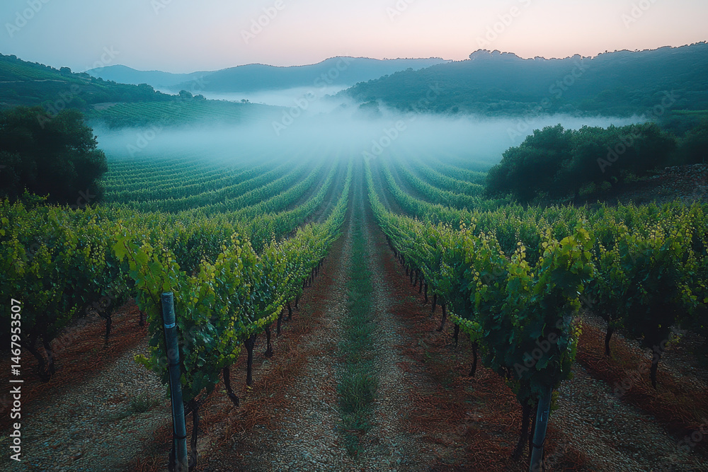Naklejka premium Grapes hanging on vines in a foggy Napa Valley vineyard at morning.
