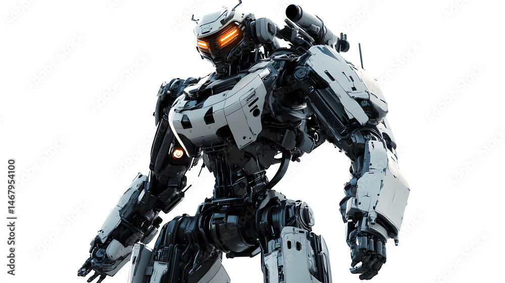 Fototapeta premium Mecha warrior avatar, towering robotic frame, plasma energy weapons, ultra-HD, transparent background --ar 16:9