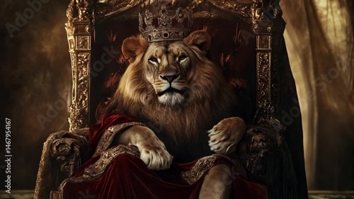 Regal lion king seated on majestic golden throne radiating royal authority.