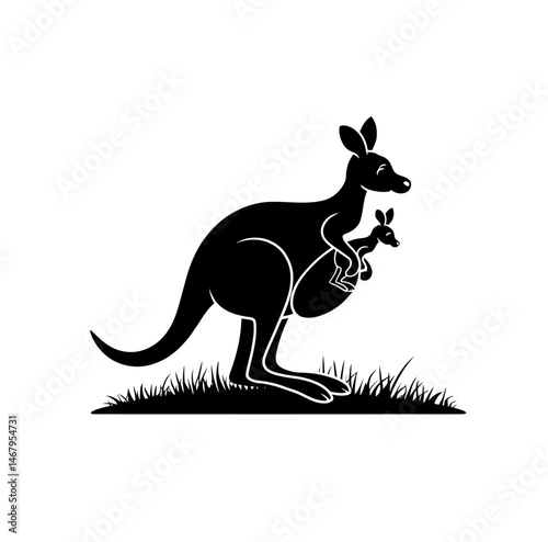 Kangroo mother with her baby in pocket icon vector in black coor on white background