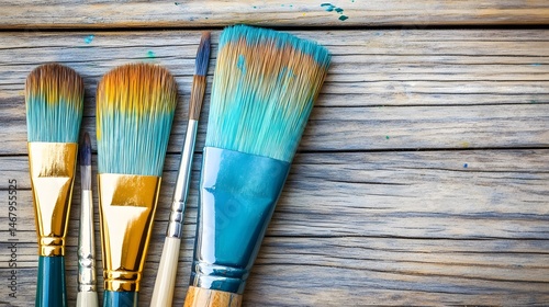 Artistic Paint Brushes on Rustic Wooden Background