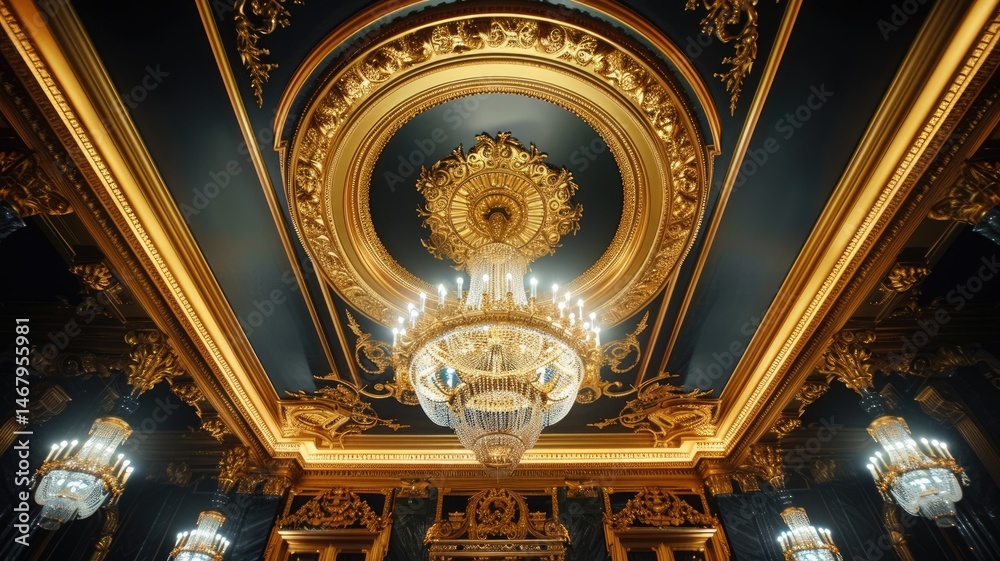 Fototapeta premium Picture of luxury style indoor hall for elegant event. Elegance of ceiling with the decoration of luxurious gold light shining with mysterious black picture perfect for cinematic scene design. AIG53.