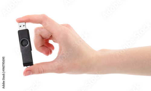 Wallpaper Mural Woman holding usb flash drive on white background, closeup Torontodigital.ca