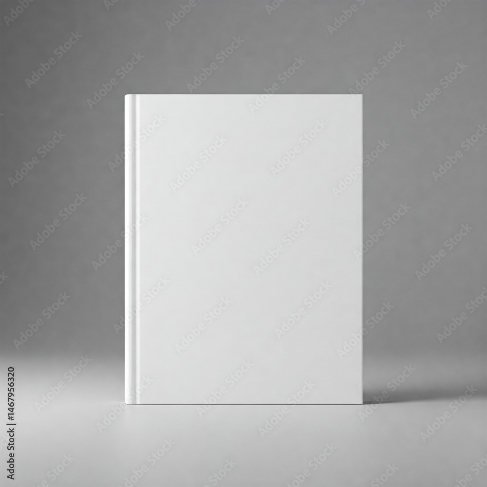 Fototapeta premium A blank, white book stands upright against a gray background, suitable for cover design mockup. The minimalistic style focuses on simplicity and clarity.