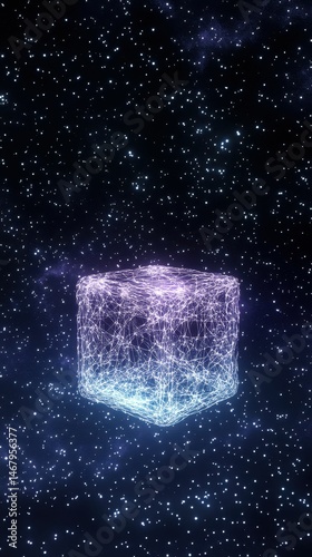Glowing cube, cosmic background, network lines.