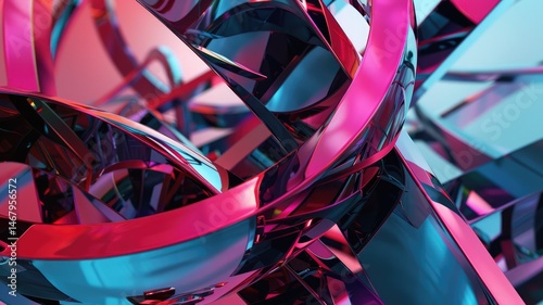Abstract 3D spheres and cubes in pink and blue tones. Digital art and geometric shape floating in the air surrounded with space and neon vibrant color background. AIG53.