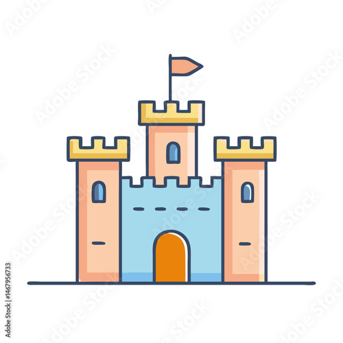 Illustration of a fairytale castle, medieval architecture, kingdom fortress, fantasy building, tower
