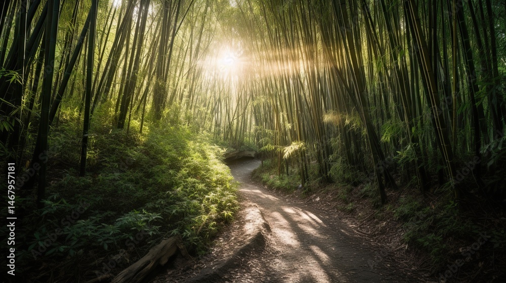 Obraz premium Sunlit bamboo forest path