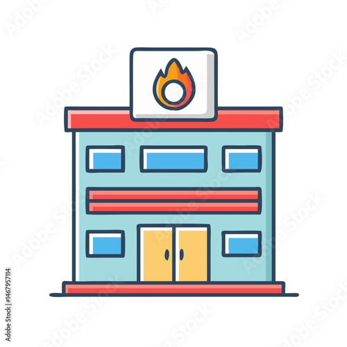 Illustration of fire station building with flame symbol, emergency service, and fire department rescue team