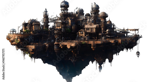 A floating steampunk pirate island, home to robotic outlaws and treasure hunters. Ultra-HD, transparent background --ar 16:9