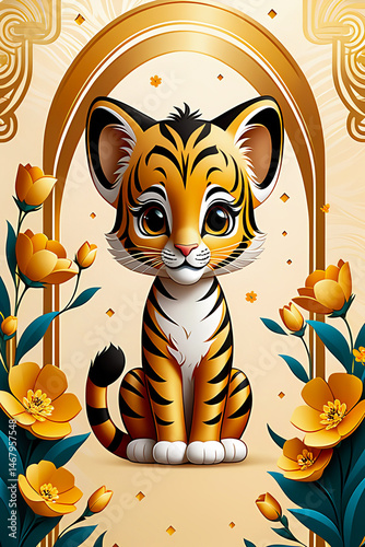 A little tigress cub with flowers in a golden abstract background, cartoon sticker, design illustration wallpaper 