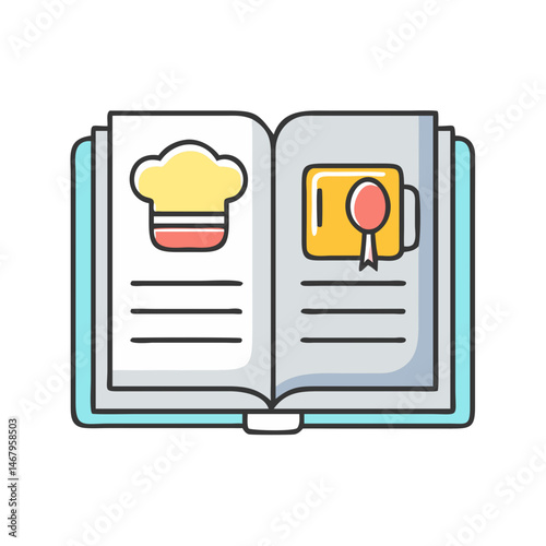 Open cookbook recipe book with chef hat and award cup cooking guide culinary tutorial manual