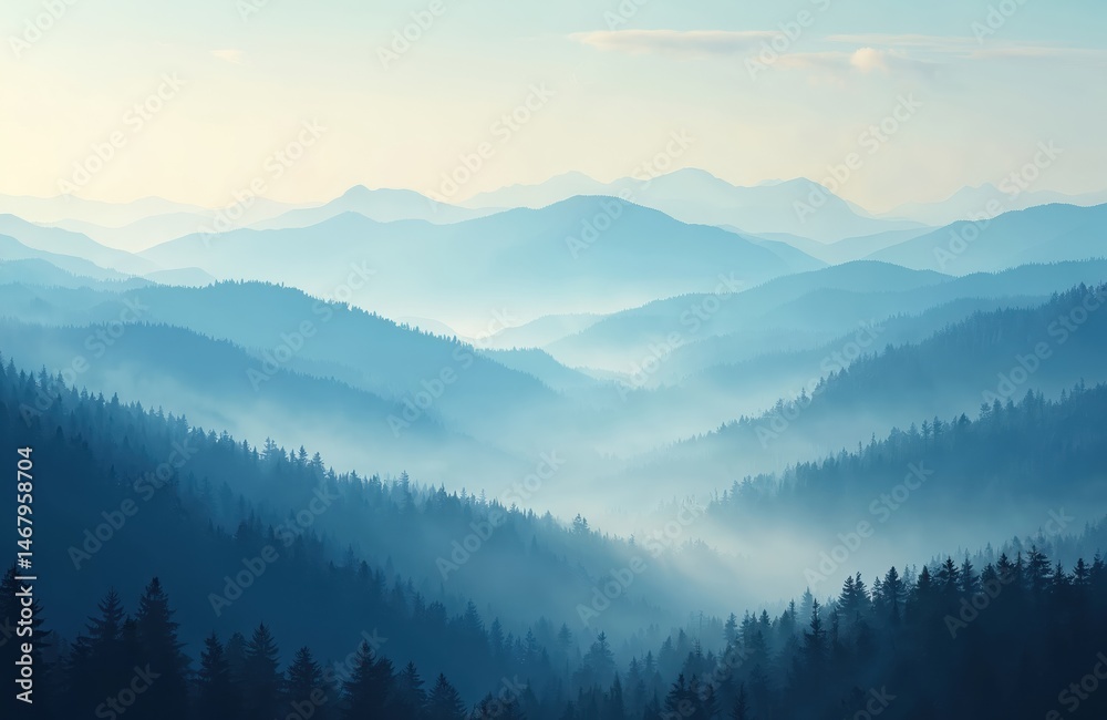 Obraz premium Illustration of blue mountains covered in mist. Landscape with fog over mountain peaks. Wallpaper, travel, scenery, nature background. Foggy, misty, winter, forest.