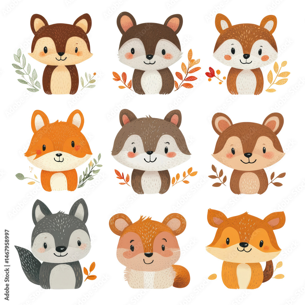 Cute animal illustrations featuring forest creatures digital whimsical style isolated on transparent background Cute animal illustrations featuring forest creatures digital whimsical style isolated on transparent background