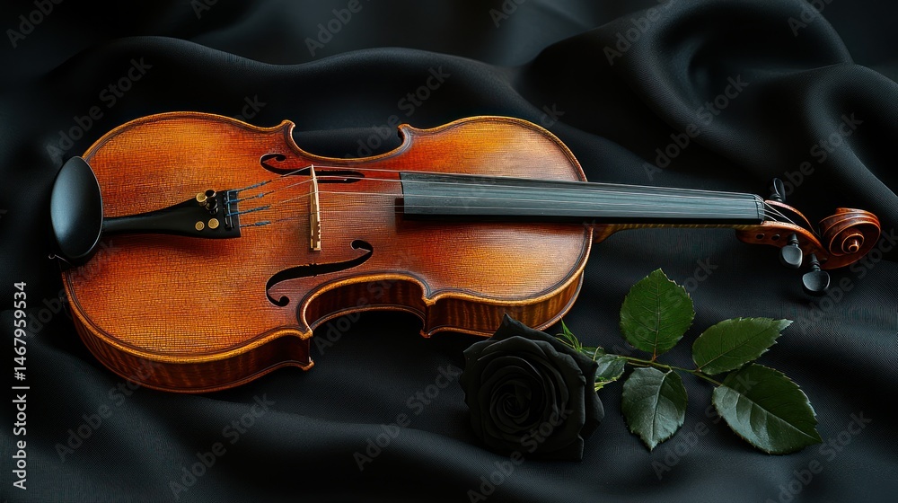 Fototapeta premium A beautiful violin rests on a dark fabric, accompanied by a black rose