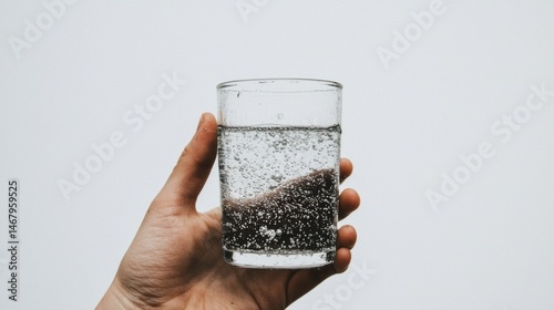 A hand holding a glass of water with bubbles.