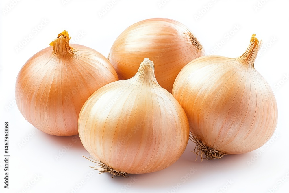 Fototapeta premium Four golden onions close up on white background