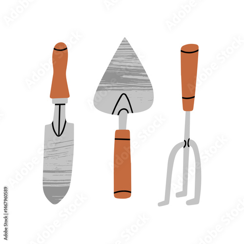 Trowel, hand cultivator and hoes. Vector illustration. Perfect for content around gardening products, DIY tutorials, advertisements, instructional guides, and agricultural materials.