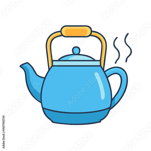 Illustration of blue teapot kettle with steam hot beverage tea kettle kitchenware design element