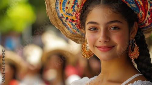 Brazilian people dressed in traditional Festa Junina outfits smiles and enjoys the festive atmosphere, surrounded by music and colorful decorations.