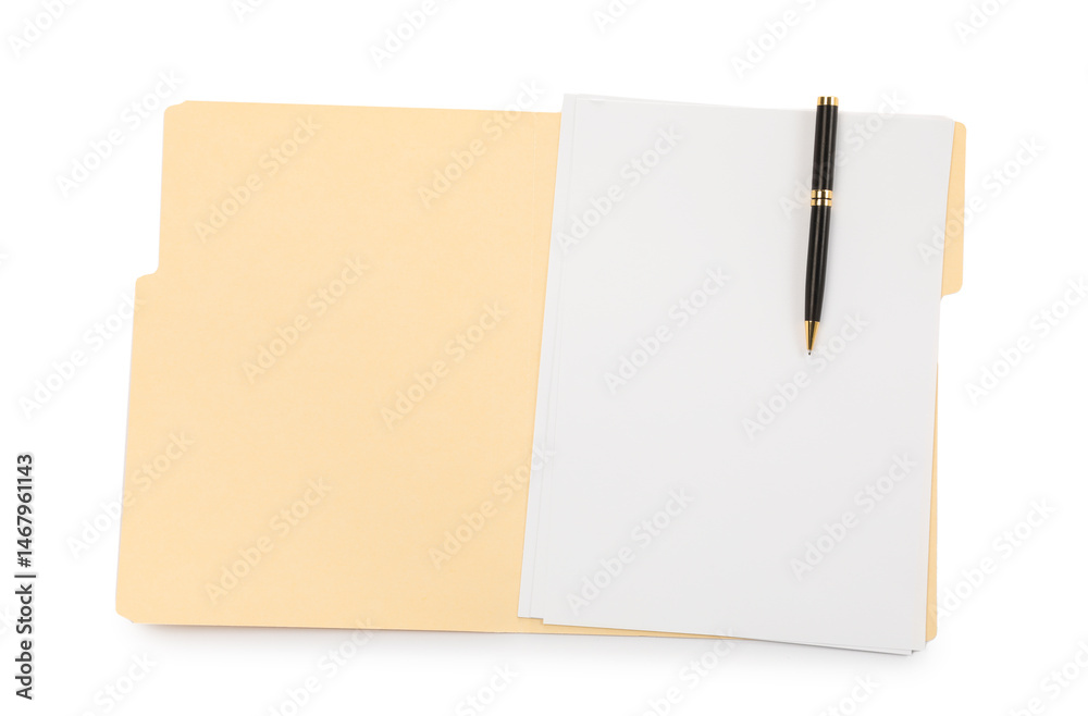 Open paper file folder with blank sheet and pen isolated on white, top view Open paper file folder with blank sheet and pen isolated on white, top view