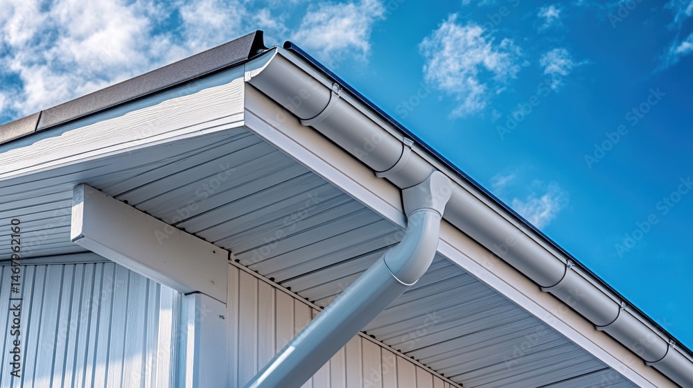 Naklejka premium Modern home exterior detail: Light gray gutters against a bright blue sky. Clean lines and sleek design.