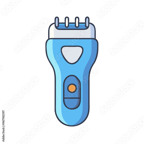 Illustration of a blue electric shaver for hair removal and grooming with trimmer and power button