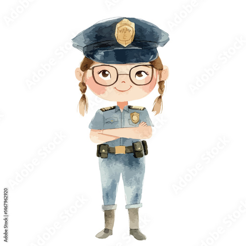 watercolor illustration of girl Police clipart isolated