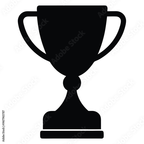 A simple, solid black trophy icon stands prominently against a bright white background